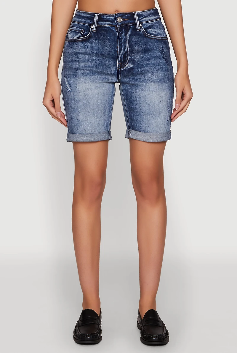 Womens WAX Fixed Cuff Denim Bermuda Shorts, Blue,