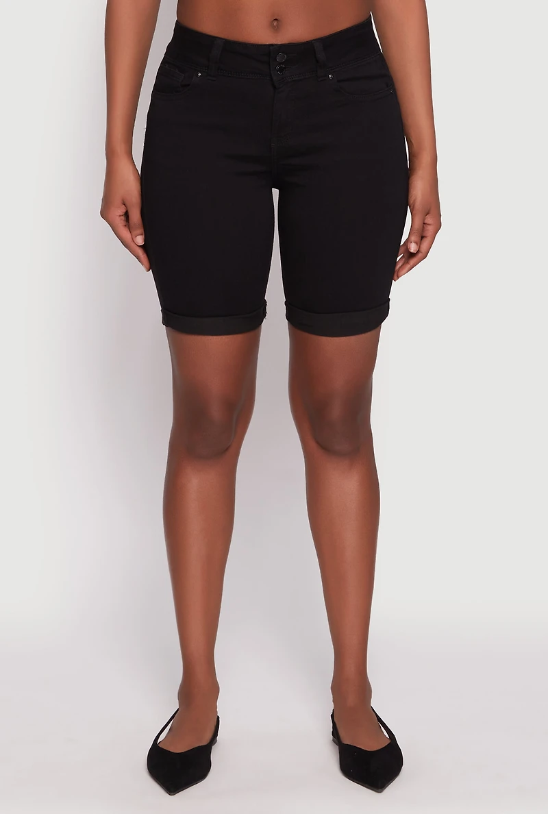 Womens WAX Fixed Cuff Bermuda Denim Shorts, Black, Size S