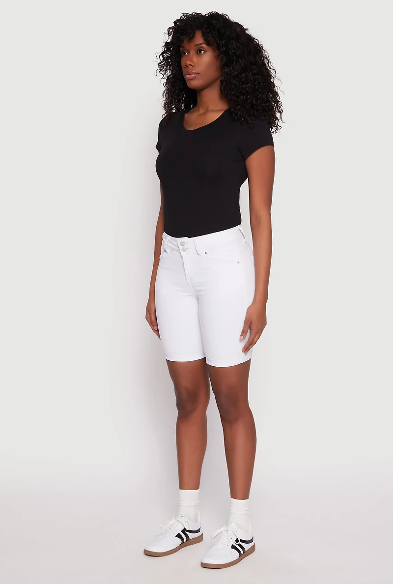 Womens WAX Fixed Cuff Bermuda Denim Shorts, White, Size M