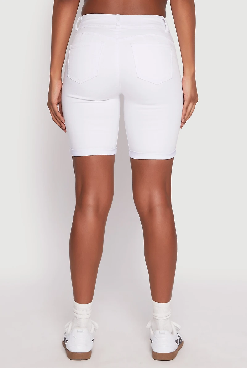 Womens WAX Fixed Cuff Bermuda Denim Shorts, White, Size M