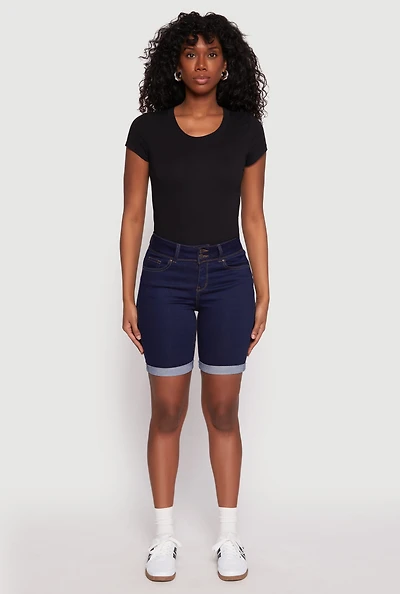Womens WAX Fixed Cuff Bermuda Denim Shorts, Blue, Size S