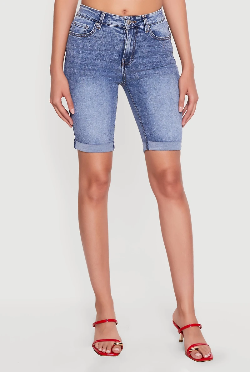 High Waisted Acid Wash Denim Bermuda Shorts