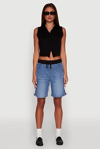 Womens Almost Famous Varsity Stripe Side Waistband Jorts, Blue, Size M