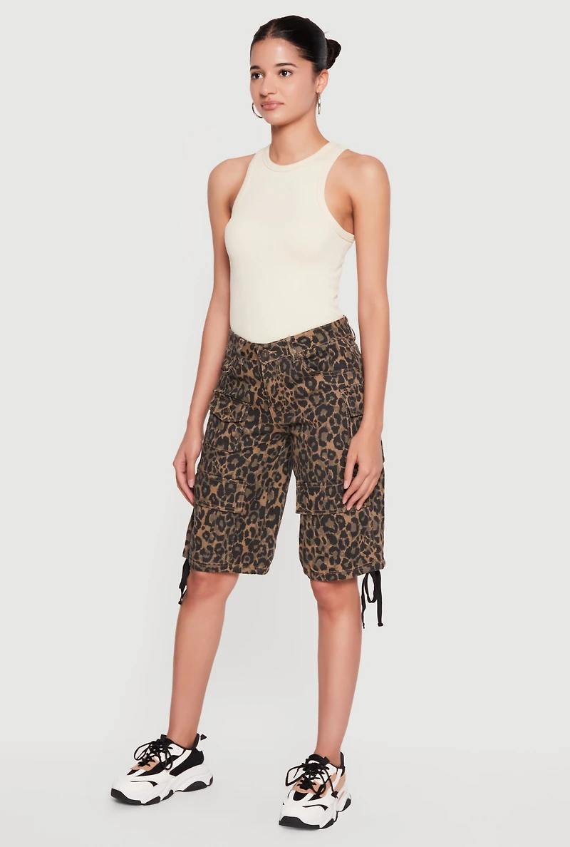 Leopard Print Drawstring Hem Cargo Bermuda Shorts