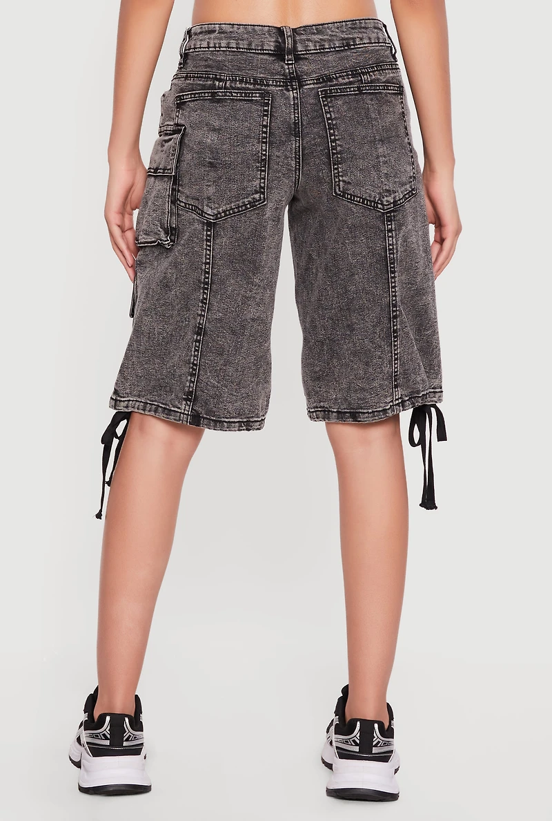 Drawstring Hem Acid Wash Cargo Bermuda Shorts