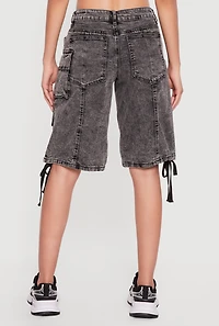 Drawstring Hem Acid Wash Cargo Bermuda Shorts