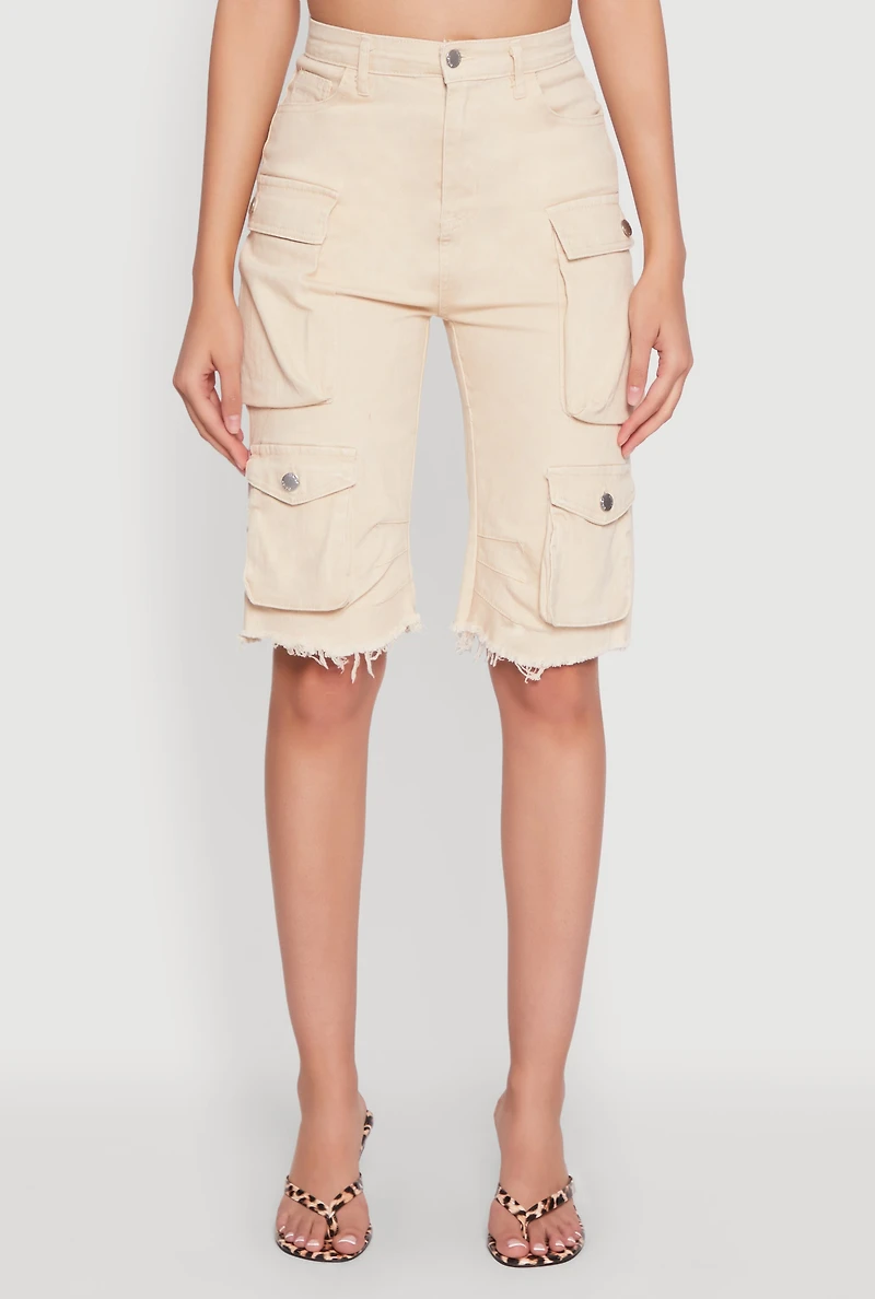 Womens Daisy Mineral Wash Cargo Bermuda Shorts, Khaki, Size M