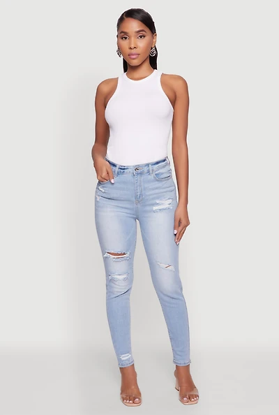 Womens WAX High Waisted Distressed Skinny Jeans, Blue,
