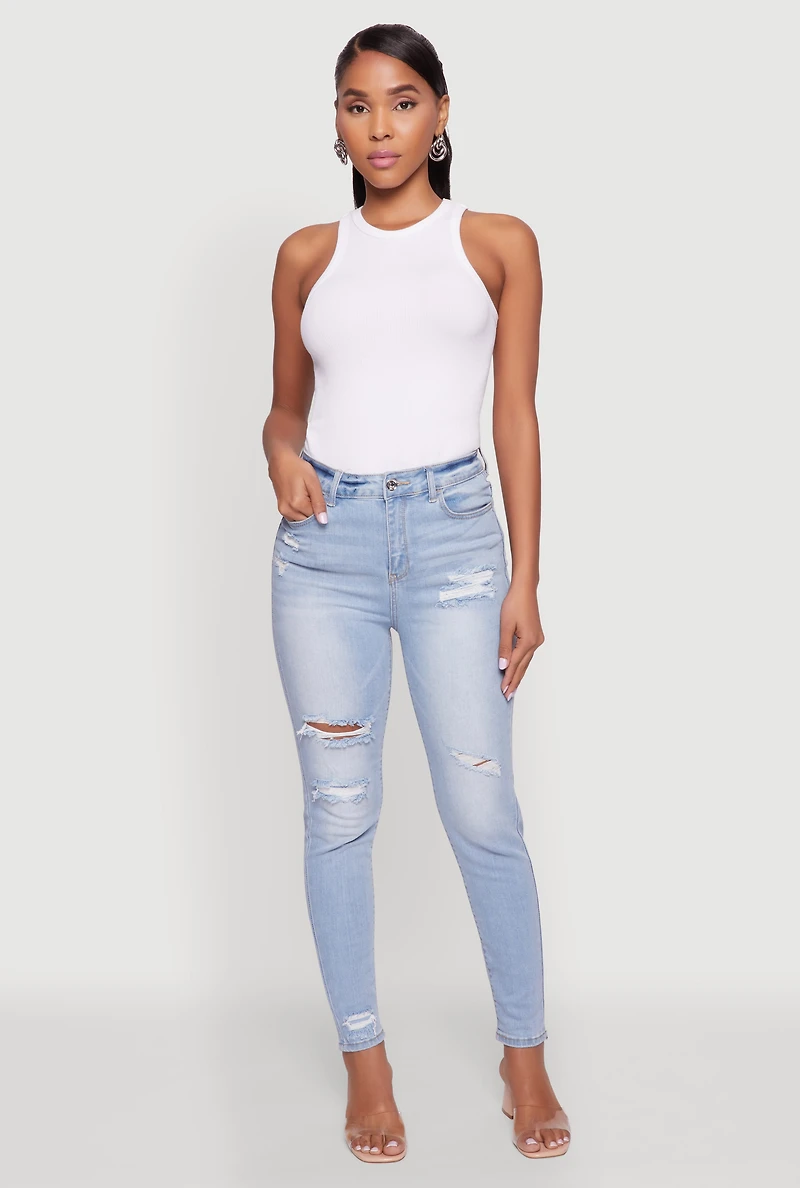Womens WAX High Waisted Distressed Skinny Jeans, Blue,