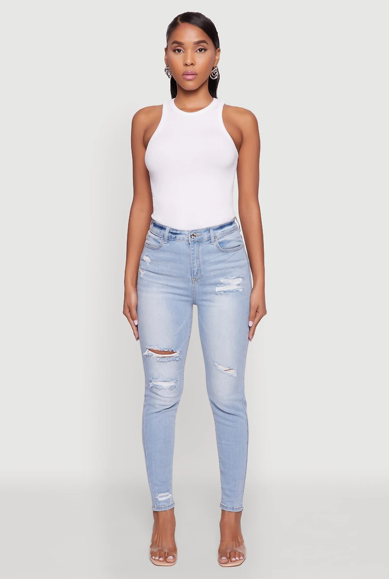 Womens WAX High Waisted Distressed Skinny Jeans, Blue,