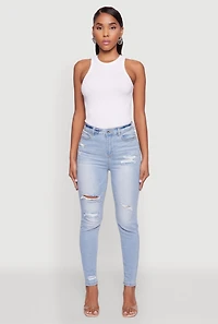 Womens WAX High Waisted Distressed Skinny Jeans, Blue,