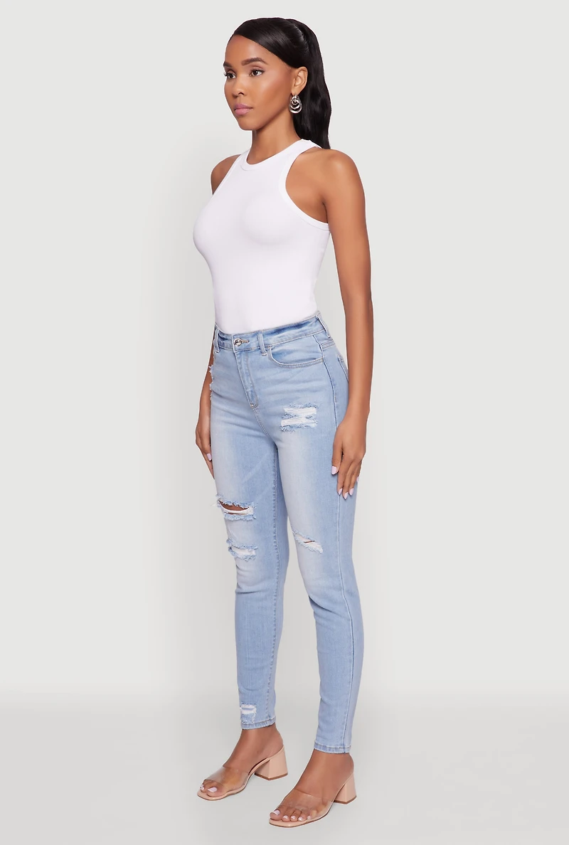 Womens WAX High Waisted Distressed Skinny Jeans, Blue,