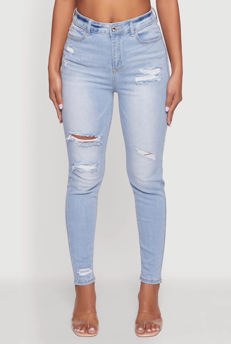 Womens WAX High Waisted Distressed Skinny Jeans, Blue,