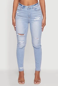Womens WAX High Waisted Distressed Skinny Jeans, Blue,