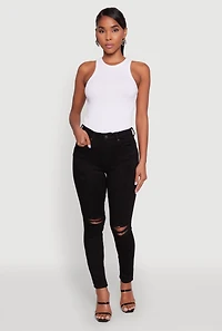 Womens WAX Distressed Skinny Jeans, Black,