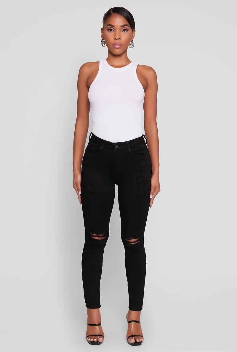 Womens WAX Distressed Skinny Jeans, Black,