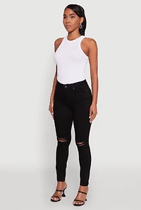 Womens WAX Distressed Skinny Jeans, Black,