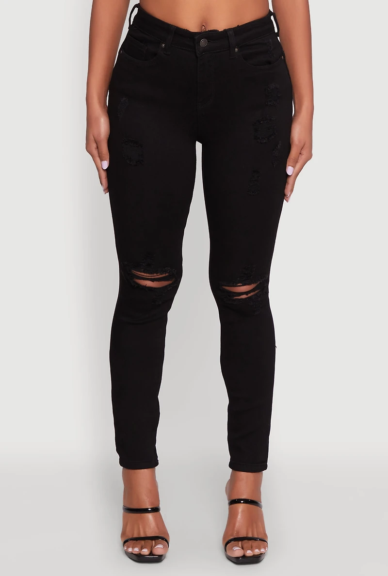 Womens WAX Distressed Skinny Jeans, Black,