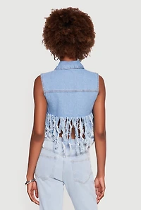Graphic Patch Cropped Denim Vest with Rhinestone Fringe