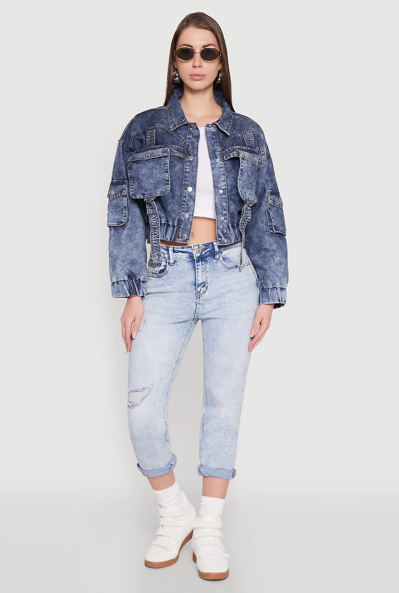 Womens Mineral Wash Cargo Denim Jacket, Blue,