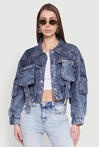 Womens Mineral Wash Cargo Denim Jacket, Blue,