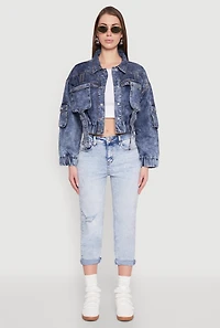Womens Mineral Wash Cargo Denim Jacket, Blue,