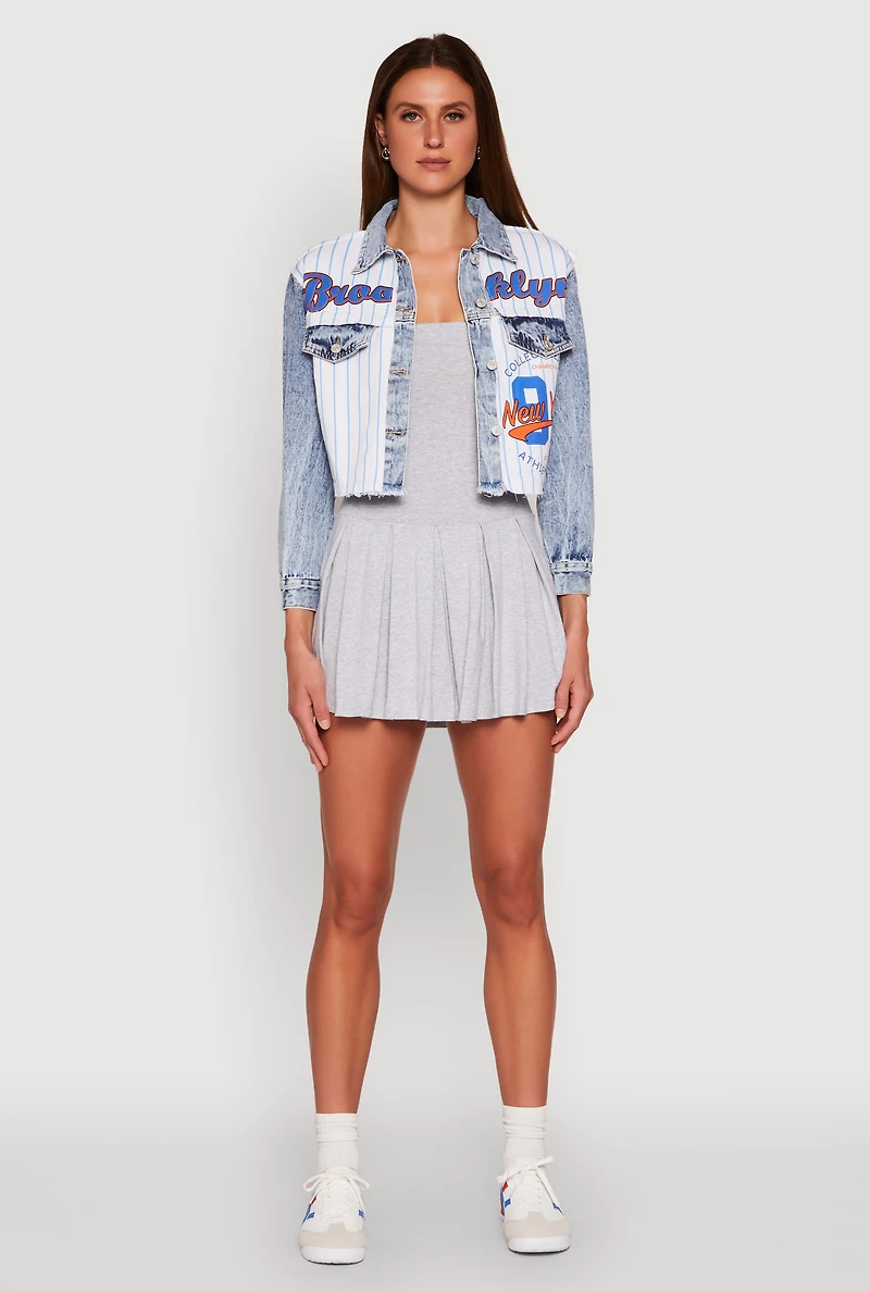 Womens Brooklyn Baseball Graphic Jean Jacket, Blue, Size L