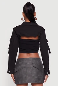 Womens Daisy Cargo Pocket Sleeve Bolero Jean Jacket, Black, Size S