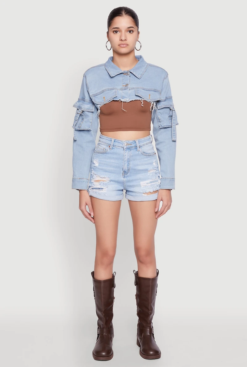 Womens Daisy Cargo Pocket Sleeve Bolero Jean Jacket, Blue,