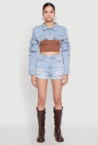 Womens Daisy Cargo Pocket Sleeve Bolero Jean Jacket, Blue,