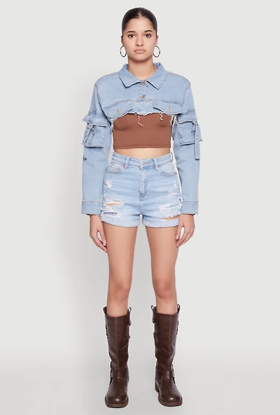 Womens Daisy Cargo Pocket Sleeve Bolero Jean Jacket, Blue, Size S