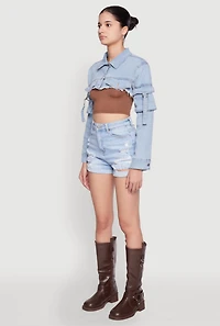 Womens Daisy Cargo Pocket Sleeve Bolero Jean Jacket, Blue,