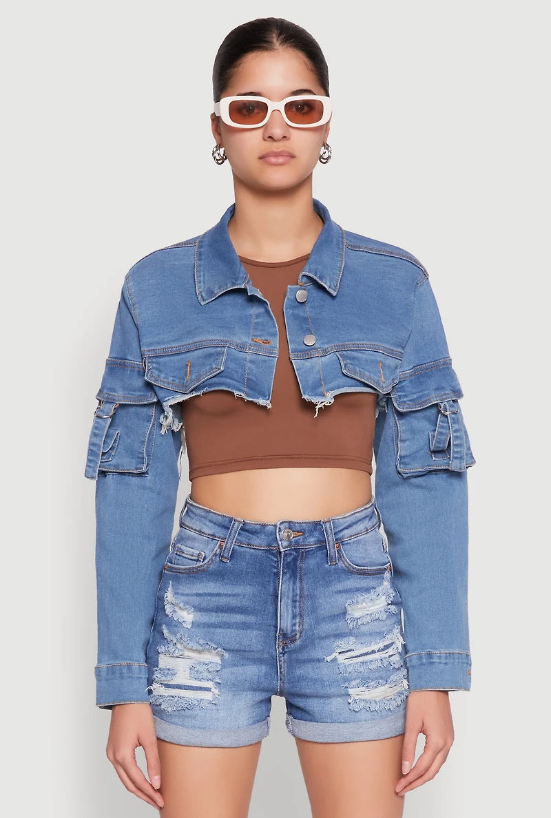 Womens Daisy Cargo Pocket Sleeve Bolero Jean Jacket, Blue, Size L