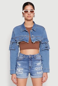 Womens Daisy Cargo Pocket Sleeve Bolero Jean Jacket, Blue, Size L