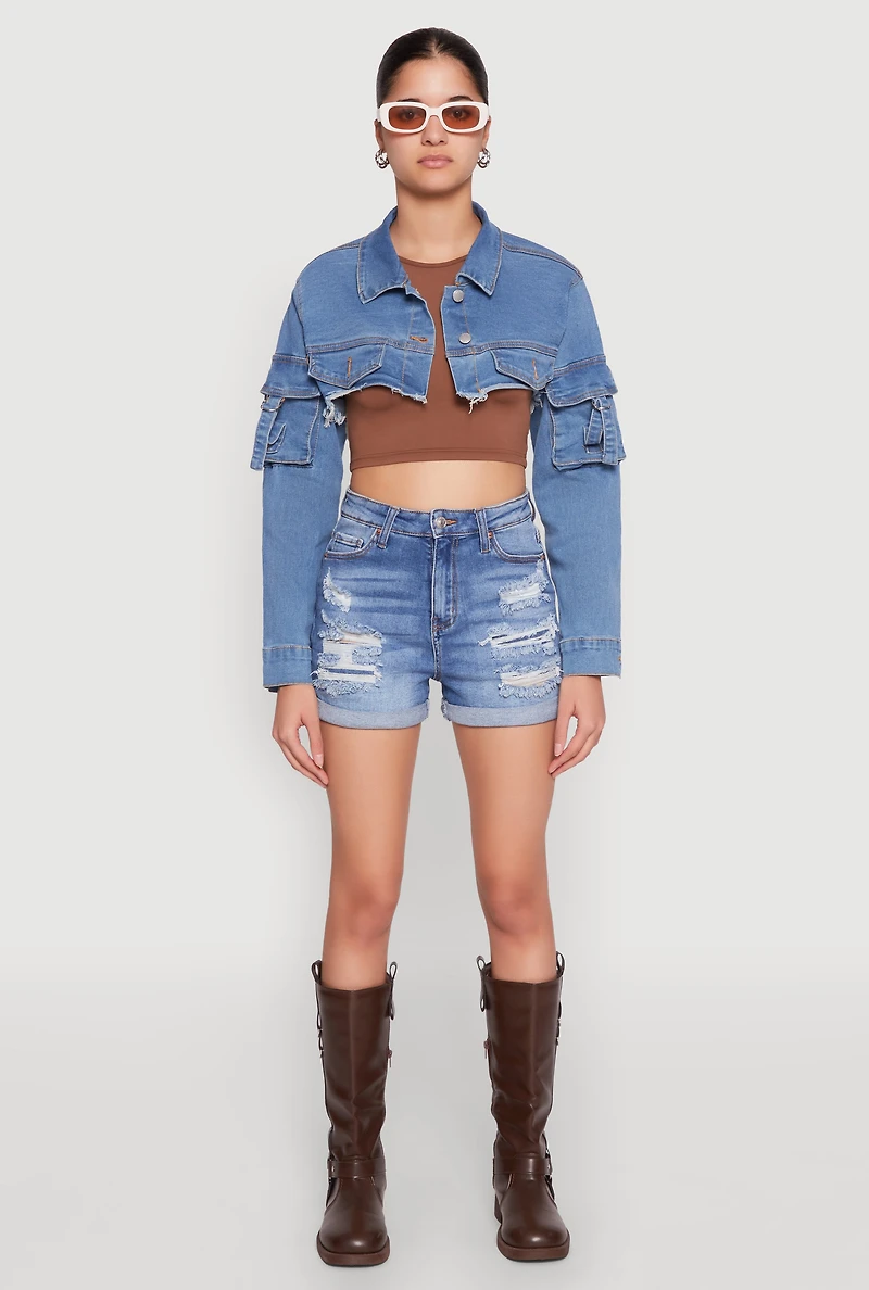 Womens Daisy Cargo Pocket Sleeve Bolero Jean Jacket, Blue, Size L
