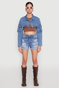Womens Daisy Cargo Pocket Sleeve Bolero Jean Jacket, Blue, Size L