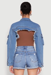 Womens Daisy Cargo Pocket Sleeve Bolero Jean Jacket, Blue, Size L