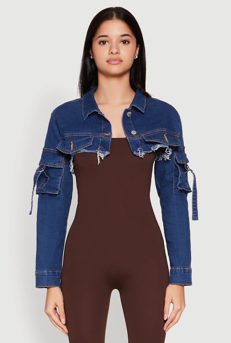Womens Daisy Cargo Pocket Sleeve Bolero Jean Jacket, Blue, Size M