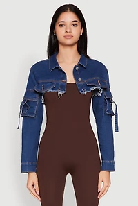 Womens Daisy Cargo Pocket Sleeve Bolero Jean Jacket, Blue, Size M