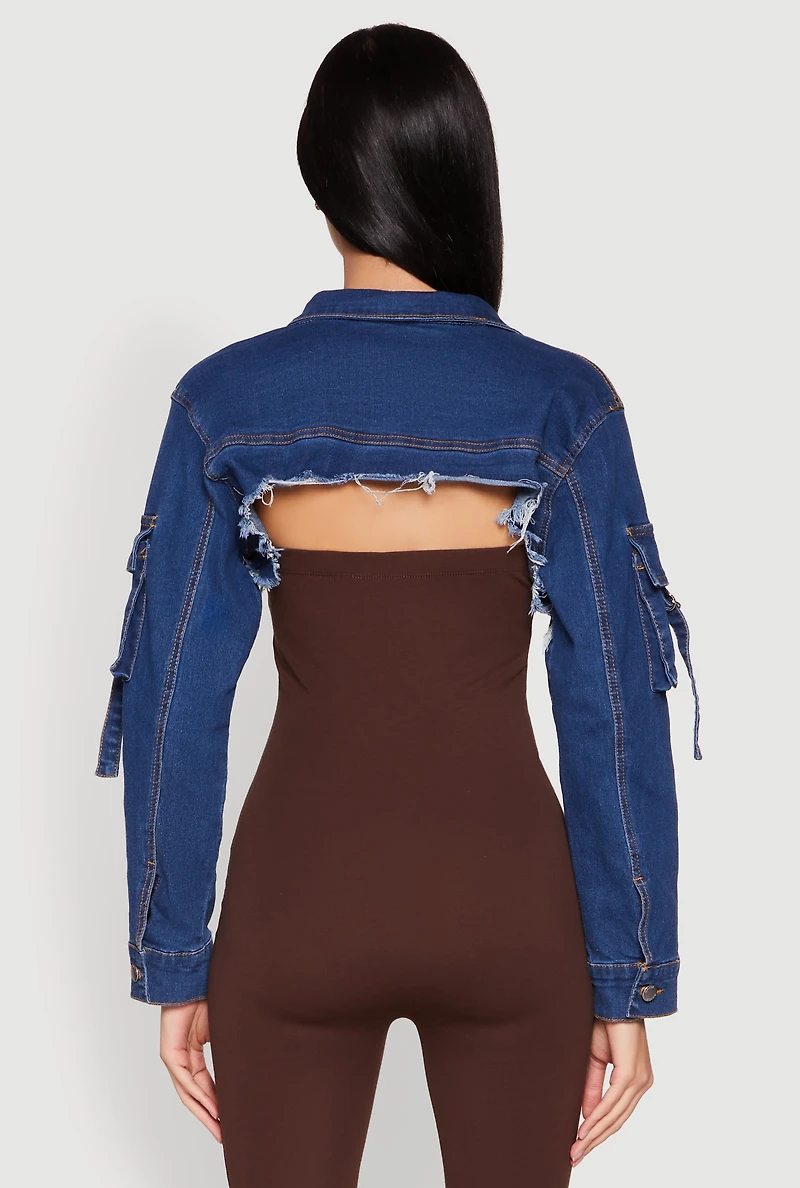 Womens Daisy Cargo Pocket Sleeve Bolero Jean Jacket, Blue, Size M