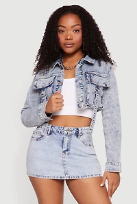 Stone Wash Cargo Pocket Cropped Denim Jacket