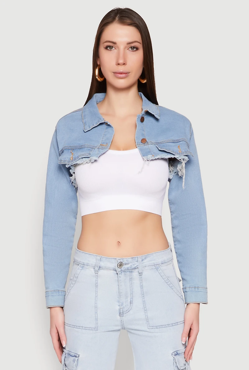 Womens Daisy Denim Frayed Bolero Jacket, Blue,