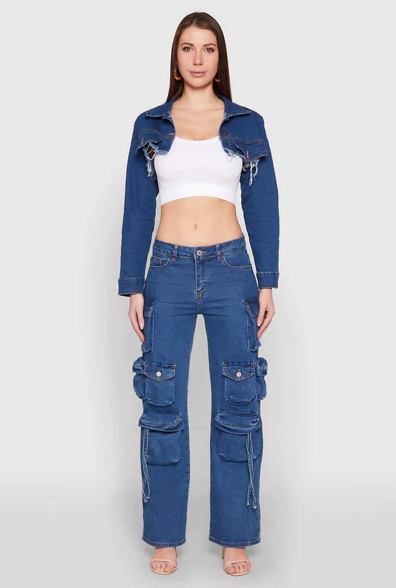 Womens Daisy Denim Frayed Bolero Jacket, Blue,