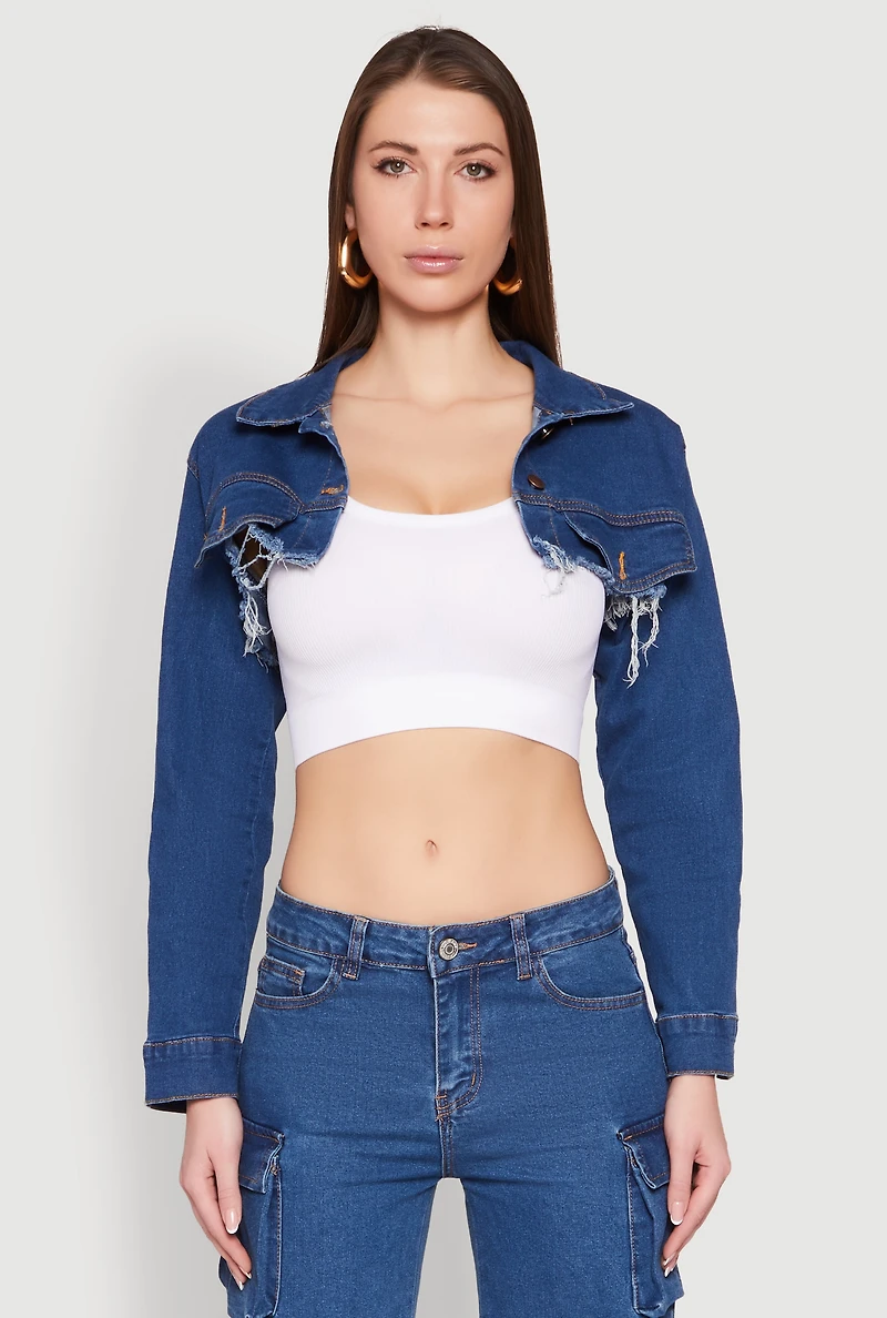 Womens Daisy Denim Frayed Bolero Jacket, Blue,