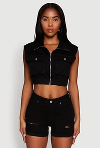 Womens Daisy Sleeveless Cropped Denim Jacket,