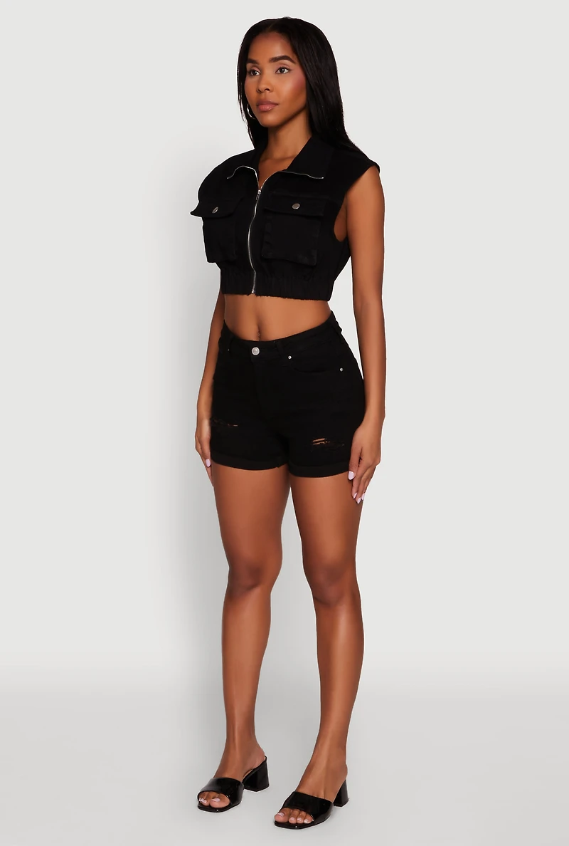 Womens Daisy Sleeveless Cropped Denim Jacket,