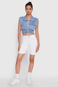 Womens Daisy Sleeveless Cropped Denim Jacket, Blue,