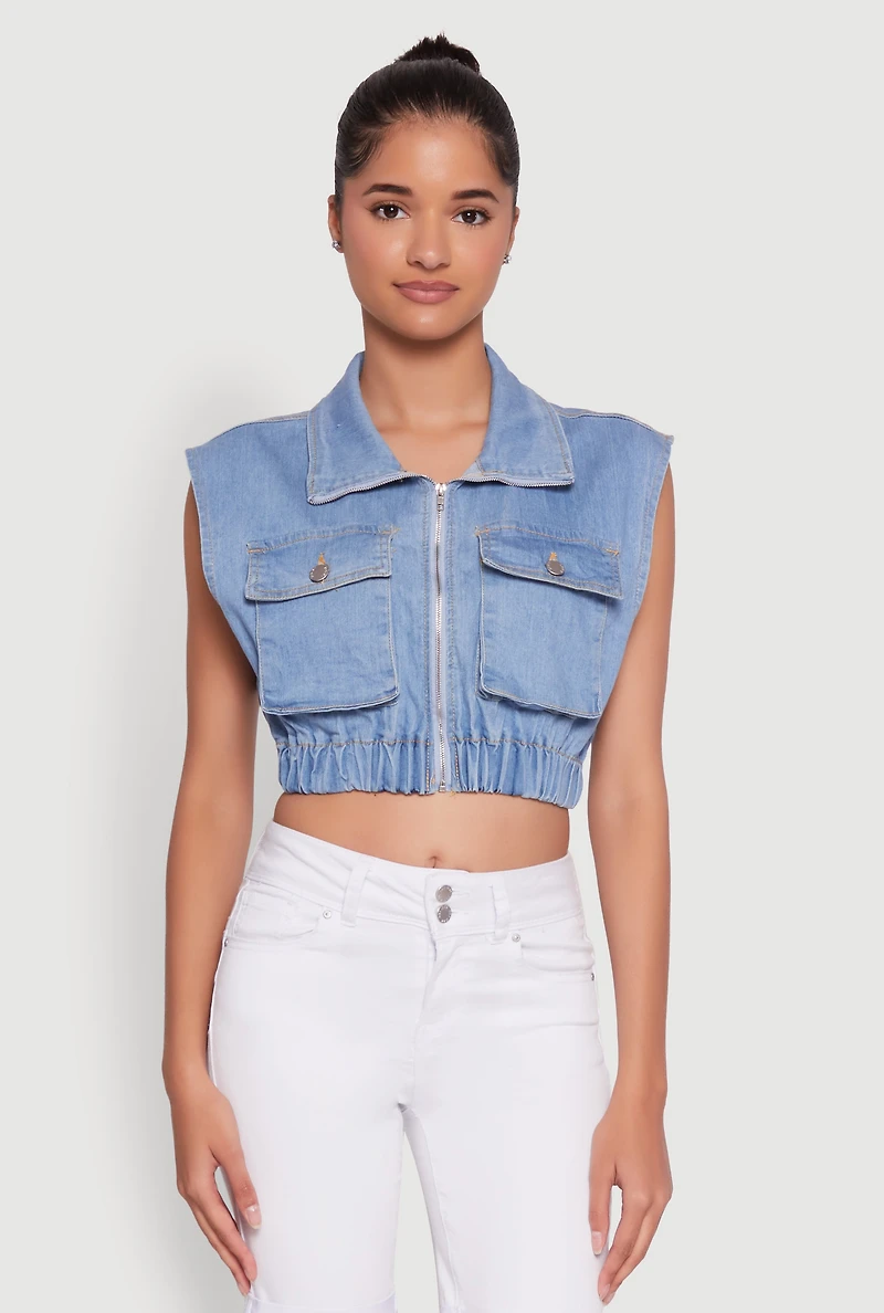 Womens Daisy Sleeveless Cropped Denim Jacket, Blue,