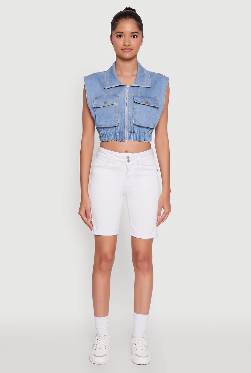 Womens Daisy Sleeveless Cropped Denim Jacket, Blue,