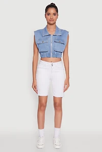 Womens Daisy Sleeveless Cropped Denim Jacket, Blue,